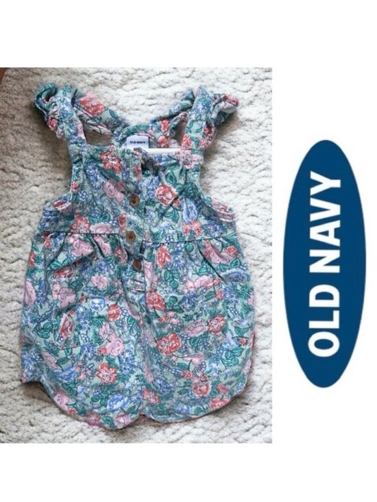 Old Navy Other - Old Navy | Green and Pink Floral Ruffle Overalls | Size 0-3 Months